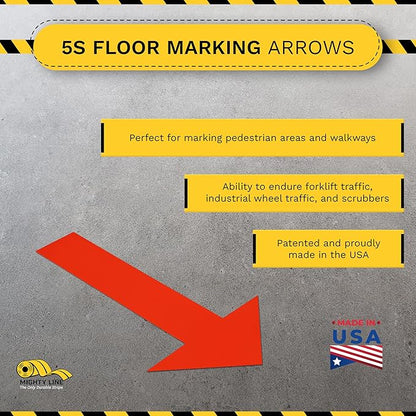 Mighty Line Solid Arrows Directional Sticker Sign Floor Marking Tape for Safety, Caution, Warning, Heavy-Duty, Peel and Stick Adhesive, Industrial Quality, Red, 10"x6", 50 Pack