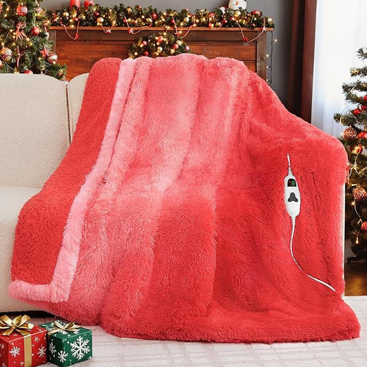 Heated Electric Blanket Twin,Warm Winter Birthday Gifts for Women Her Grandma–Faux Fur with Soft Sherpa,10 Heat Settings,5 Time Settings with Fast Heating, 62x84, Ruby Wine