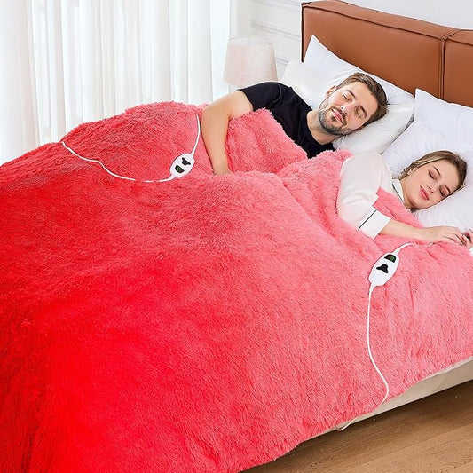 Heated Electric Blanket Queen,Warm Winter Birthday Gifts for Women Her Grandma–Faux Fur with Soft Sherpa,10 Heat Settings,5 Time Settings with Fast Heating, 84x90, Ruby Wine