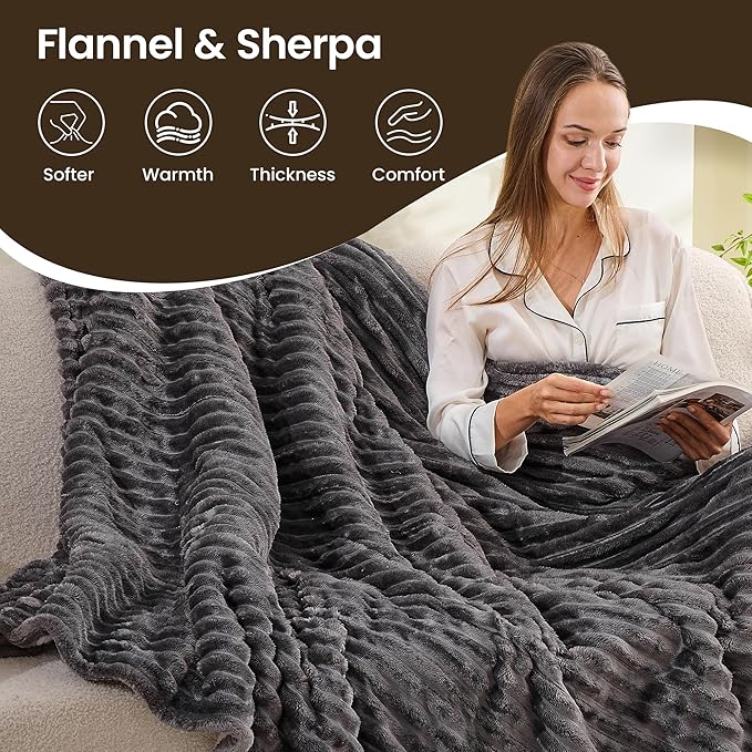 Heated Blanket Electric Blanket 90"x90", Soft Flannel Sherpa Electric Throw with 5 Heating Level & 12 Times Setting, Heated Throw with Overheating Protection, Machine Washable (Grey)