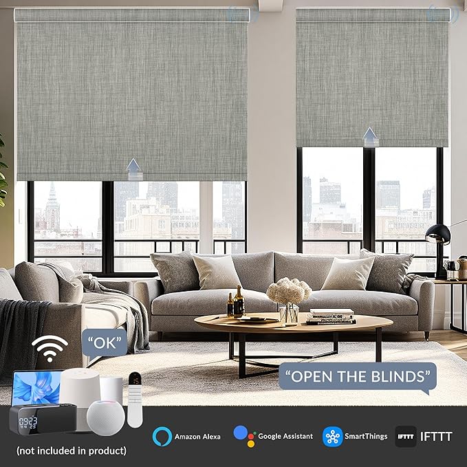 Boolegon Motorized Roller Blinds - 100% Blackout Smart Electric Shades with Remote, Compatible with Alexa/Google Home/HomeKit via Hub, Easy Install for Home Office, Light Grey, Custom Size.