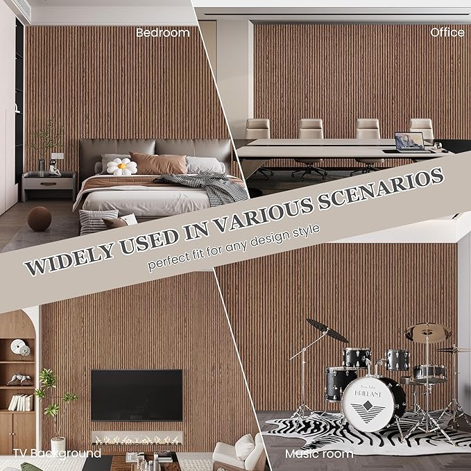 Wood Salt Acoustic Wall Panels, 4 Piece 94" x 12.6" x 0.8" Soundproof Wooden Wall Panels, 3D Fluted Sound Absorbing Panel, Red Oak