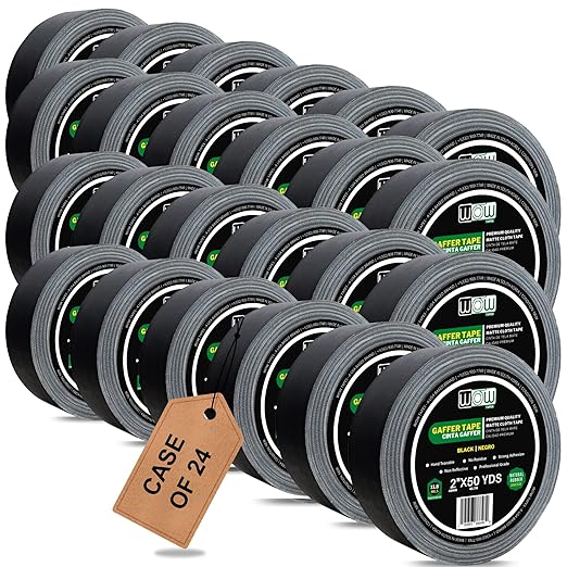 Wow Gaffers Tape 2 Inch Black - 50 Yards (Case of 24), Residue Free, Non-Reflective & Heavy-Duty - Professional Grade Gaff Tape - Ideal for Photography Backdrop, Cables, Cords & Floor Taping