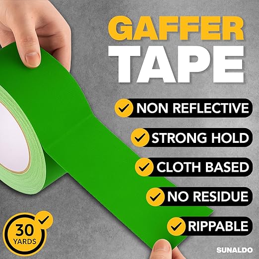 Gaffers Tape Heavy Duty, Easy to Rip, Residue-Free Professional Grade Floor Tape for Electrical Cords, Matte Finish Non Reflective, Weather Resistant (1, Green, 2" x 30 Yards)