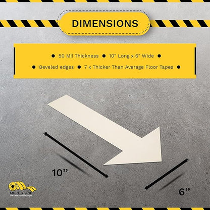 Mighty Line Solid Arrows Directional Sticker Sign Floor Marking Tape for Safety, Caution, Warning, Heavy-Duty, Peel and Stick Adhesive, Industrial Quality, White, 10"x6", 50 Pack