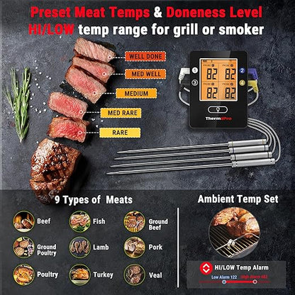 ThermoPro TP25 650FT Bluetooth Meat Thermometer with 4-Probes, Smart Rechargeable Wireless Meat Thermometer for Grilling, Smoker, Oven, Kitchen, BBQ Thermometer with Alarm, Temperature Graph, Black