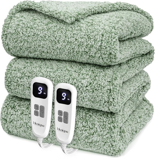 Heated Blanket Electric Blanket Queen - Fast Heating Blanket Throw Dual Control Double Sided Sherpa with 6 Heating Levels & 1-10 Hours Auto Off, Mashine Washable, 84 x 90 Inches, Sage