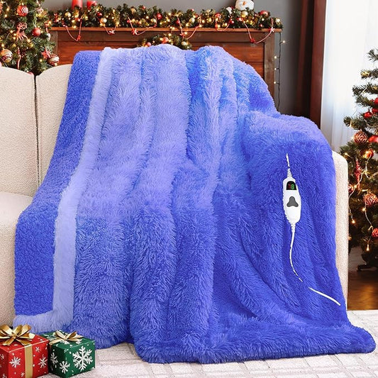 Heated Electric Blanket Twin–Faux Fur with Soft Thick Sherpa,Warm Winter Birthday Gifts for Women Grandma，10 Heat Settings,5 Time Settings with Fast Heating, 62x84, Glacier Blue
