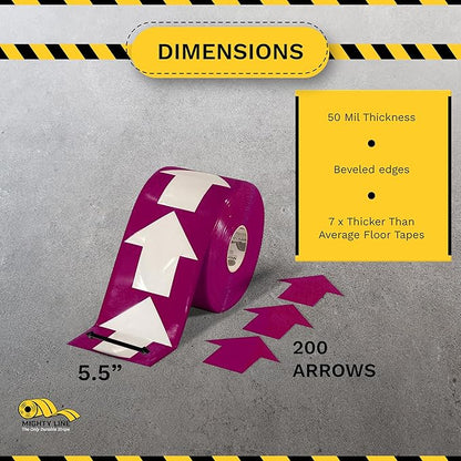 Mighty Line 5.5" Wide Solid Arrows Roll, Directional Sticker Sign Floor Marking Tape for Safety, Caution, Warning, Heavy-Duty, Peel and Stick, Adhesive, Industrial Quality, Purple, Pack of 200