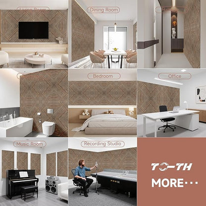 TO-TH Acoustic Panels for Wall and Ceiling - 6 Pack 2'x2'x0.4,Self-Adhesive 3D UV Printing Decorative Wall Panels with Wood Look,Natural Walnut