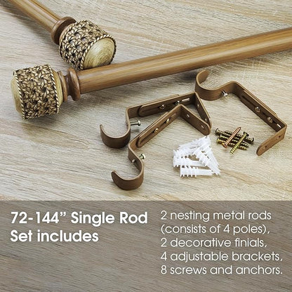 1-1/8 Inch Diameter Faux Wood Curtain Rods with Faux Rattan Cane Woven Finial, 72-144'' Telescoping Single Curtain Rods for window width 68-140 inch, 1 pack