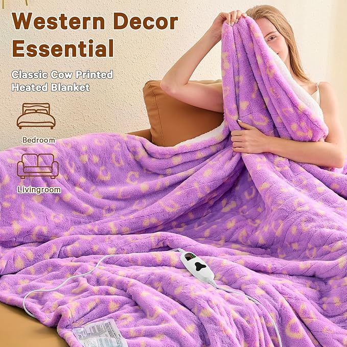 Leopard Print Heated Electric Blanket Full Size,72X84 Purple Heating Blanket with 10 Heats Levels & 8 Hours Auto Off,Cute Fleece Sherpa Blankets Warmer Gifts for Women Adults,Washable