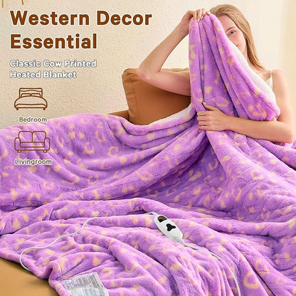 Leopard Print Heated Electric Blanket Twin,62X84 Purple Heating Blanket with 10 Heats Levels & 8 Hours Auto Off,Cute Cheetah Decor Sherpa Blankets Warmer Gifts for Women Couch Office,Washable
