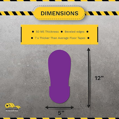 Mighty Line Big Footprints Floor Marking Tape for Safety, Caution, Warning, Heavy-Duty, Peel and Stick, Adhesive, Industrial Quality, 12" Long x 5" Wide, Purple, Pack of 50
