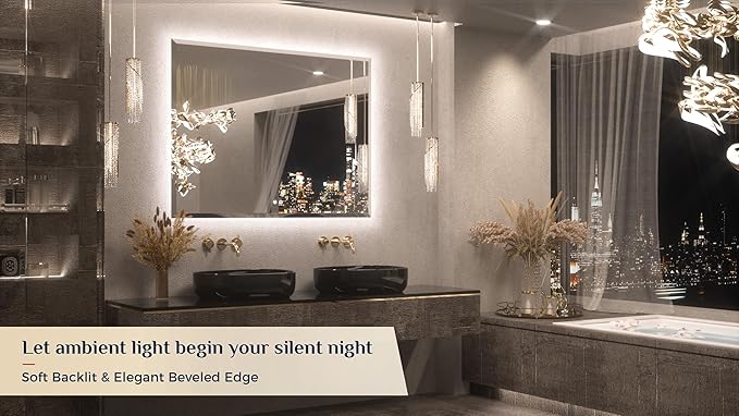 Keonjinn 48 x 36 Inch Large LED Bathroom Mirror with Backlight, Backlit Mirror with Beveled Edge, Safe Tempered Glass, UL-Listed Power Driver, 3 Color Lights, Safe Defogging, Memory Function