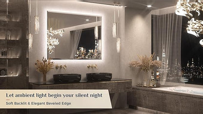 Keonjinn 48 x 36 Inch Large LED Bathroom Mirror with Backlight, Backlit Mirror with Beveled Edge, Safe Tempered Glass, UL-Listed Power Driver, 3 Color Lights, Safe Defogging, Memory Function