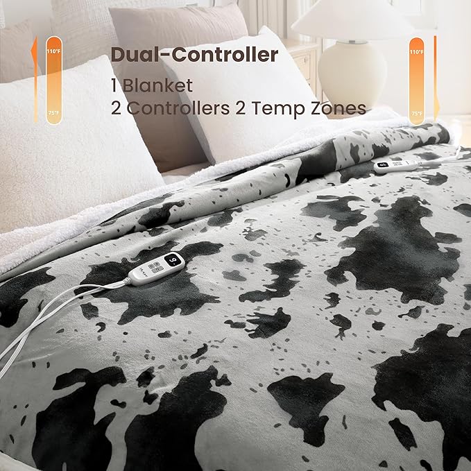 Cow Print Heated Electric Blanket King Size-Dual Control Heating Blanket King Size with 10 Heat Levels & 10 Hours Auto-Off, Cozy Soft Fleece Sherpa, Washable, 90x100 Inche Cow Print Grey