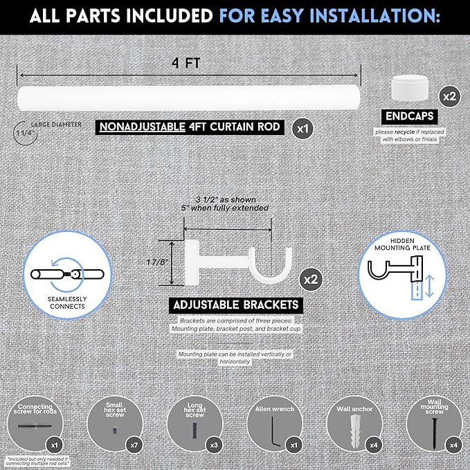 BlastHome® Non-Adjustable Luxury Curtain Rods for Windows, 1 ¼” Rod Set, 4 foot Fixed Length, White