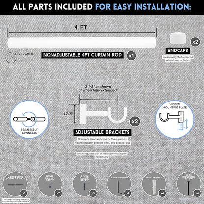 BlastHome® Non-Adjustable Luxury Curtain Rods for Windows, 1 ¼” Rod Set, 4 foot Fixed Length, White
