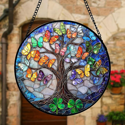 Stained Glass Window Hanging, Butterfly Tree Clover Sun Catchers Glass Panel Blue Suncatcher Decor for Birthday for Women, Men, Wife, Aunt, and Mom 7.8 in