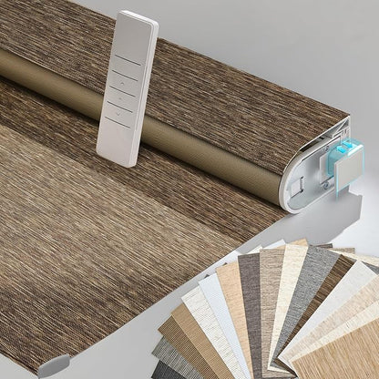 Persilux Smart Motorized Blinds with Remote, No Drill Automatic Roller Shades for Indoor Windows, Blackout Linen Fabric, Electric Blinds for Windows, Nature Brown C153BO-11, Custom Size