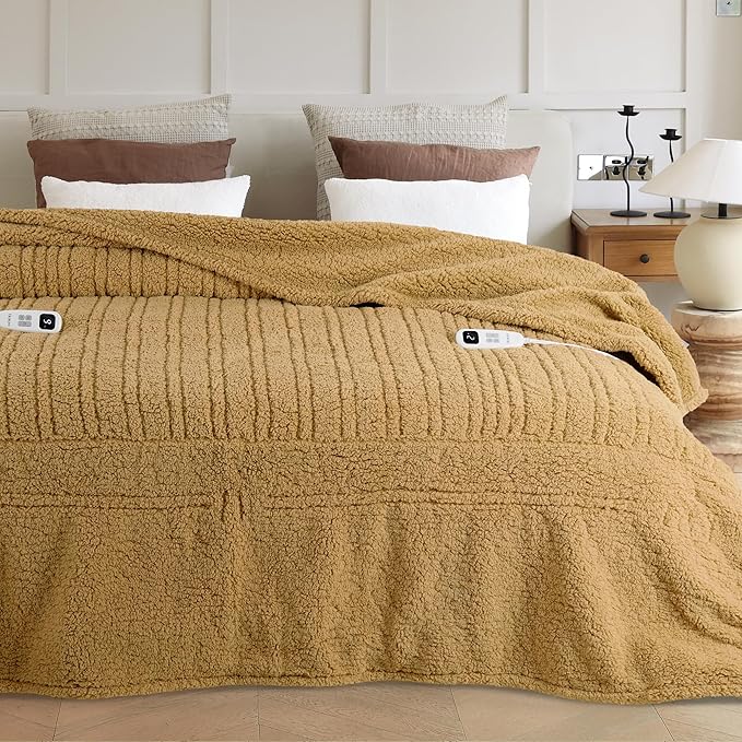 Heated Blanket Electric Blanket Queen - Fast Heating Blanket Throw Dual Control Double Sided Sherpa with 10 Heating Levels & 2-10 Hours Auto Off, Mashine Washable, 84 x 90 Inches, Camel