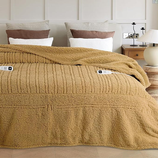 Heated Blanket Electric Blanket Queen - Fast Heating Blanket Throw Dual Control Double Sided Sherpa with 10 Heating Levels & 2-10 Hours Auto Off, Mashine Washable, 84 x 90 Inches, Camel