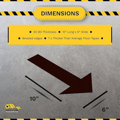 Mighty Line Solid Arrows Directional Sticker Sign Floor Marking Tape for Safety, Caution, Warning, Heavy-Duty, Peel and Stick, Adhesive, Industrial Quality, Black, 10" by 6", Pack of 50