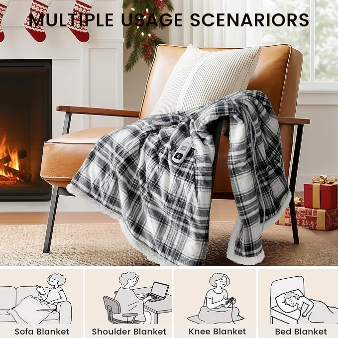 Christmas Heated Blanket Electric Throw-50''x60''Ultra Soft Cozy Plaid Flannel Fast Heating Electric Blanket with 10 Heat Levels & 10 Hrs Auto Off, ETL Certified, Keep Warm in Home Office