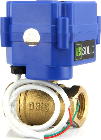 U.S. Solid Motorized Ball Valve- 1/2" Brass Ball Valve with Full Port, 9-24V AC/DC and 2 Wire Auto Return Setup
