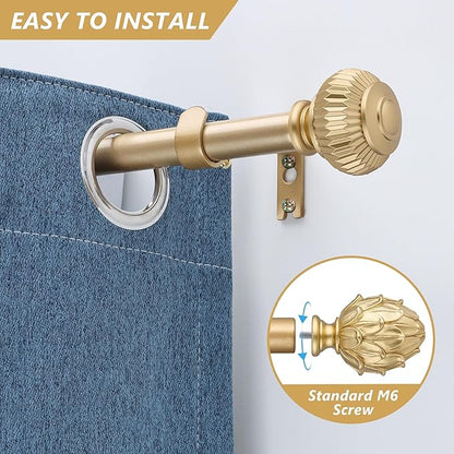 Curtain Rods 28"-48" Adjustable, Gold, Metal, Wall Mounted, Single Window Treatment Rods with Classic Finials