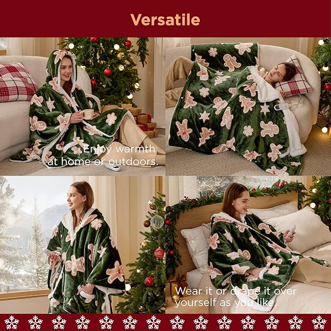 Bedsure Heated Blanket Wearable Shawl - Electric Wrap Poncho Blanket Hoodie Adult as Christmas Winter Gifts for Women, Warm Sherpa Heating Throw,Auto Shut Off, 55x64 in, Green Gingerbread Man Pattern