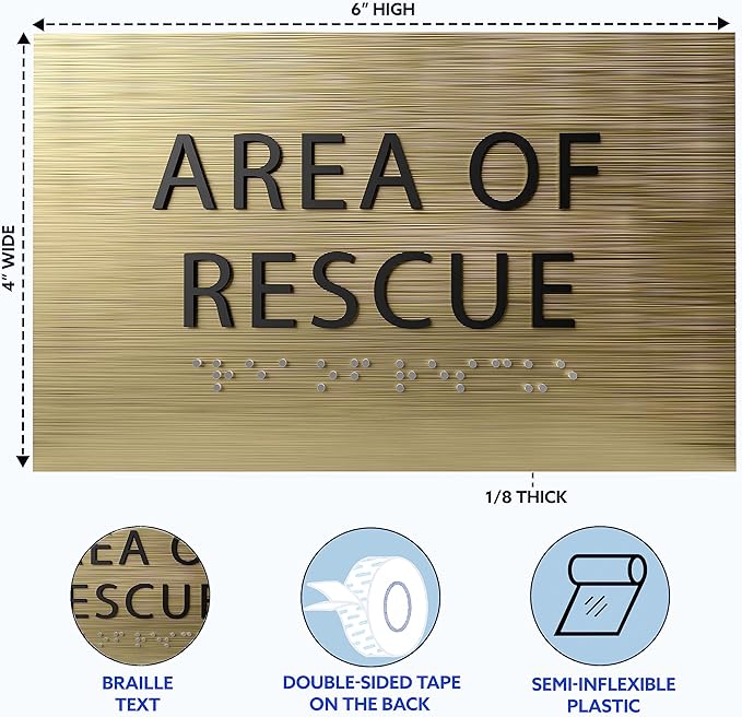 6" X4" Area of Rescue Sign - ADA Compliant Tactile Graphics Grade 2 Braille Text Wall Sign | Emergency Assistance, Refuge Place Sign for Schools, Offices, Apartments & Restaurants