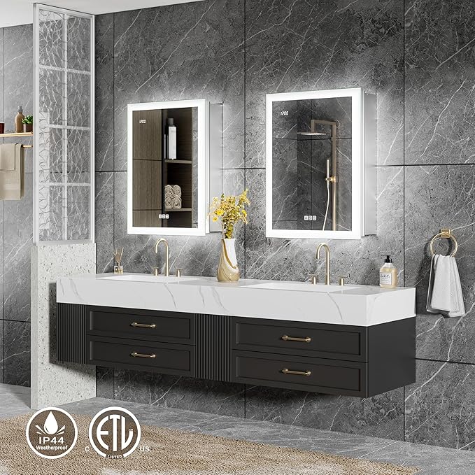 20x26 Medicine Cabinet Mirror with Double Lights & Clock, Front+Backlit Surface or Recessed Fogless Lighted Medicine Cabinet Mirror, 155°Soft-close Right Hinge,Time-Display,Outlet,Inner Light