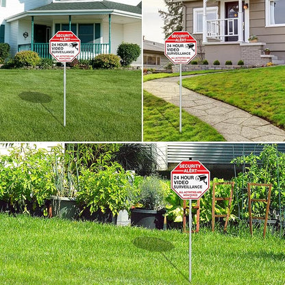 Faittoo Security Sign Video Surveillance Sign with 36" Stake for Outside, 2-Pack 12"x12" Rust Free Heavy Aluminum, Reflective, Fade Resistant, 2 pre-drilled holes, Includes Matching Screws & Wrench,
