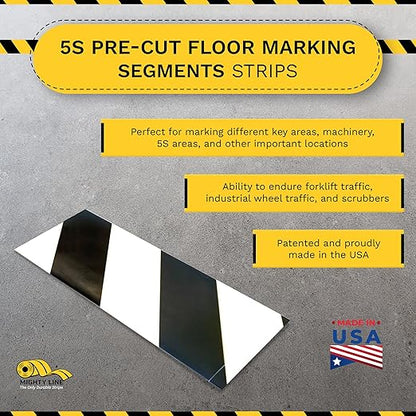 Mighty Line Floor Marking Tape Strips for Safety, Caution, Warning, Heavy-Duty, Peel and Stick, Adhesive, Industrial Quality, White and Black Hazard, 6" by 10"