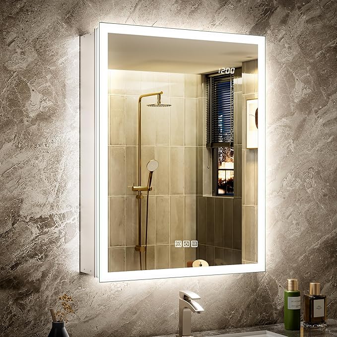 24x32 Medicine Cabinet Mirror with Double Lights & Clock, Front+Backlit Surface or Recessed Fogless Lighted Medicine Cabinet Mirror, 155°Soft-close Right Hinge,Time-Display,Outlet,Inner Light