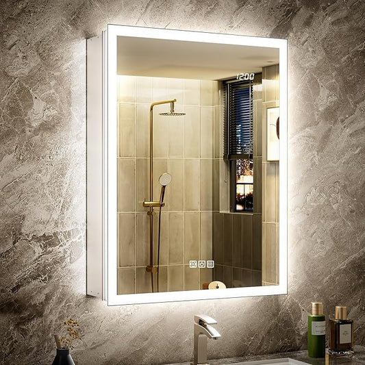 24x32 Medicine Cabinet Mirror with Double Lights & Clock, Front+Backlit Surface or Recessed Fogless Lighted Medicine Cabinet Mirror, 155°Soft-close Right Hinge,Time-Display,Outlet,Inner Light