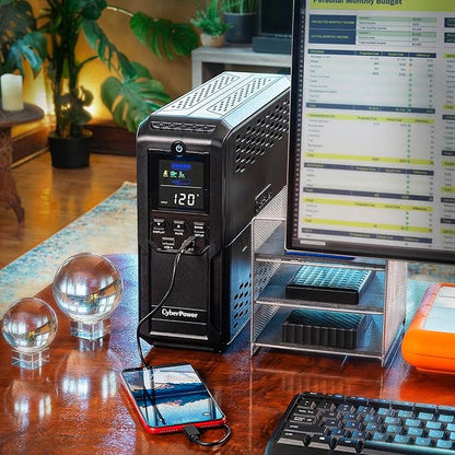 CyberPower CP1350AVRLCD3 Intelligent LCD UPS System, 1350VA/815W, 12 Outlets, 2 USB Ports, AVR, Mini Tower, Black
