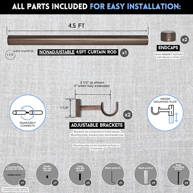 BlastHome® Non-Adjustable Luxury Curtain Rods for Windows, 1 ¼” Rod Set, 4 1/2 foot Fixed Length, Oil Rubbed Bronze