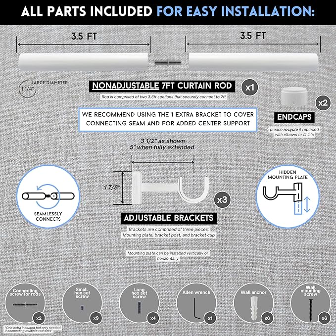 BlastHome® Non-Adjustable Luxury Curtain Rods for Windows, 1 ¼” Rod Set, 7 foot Fixed Length (Two Rods Connect for a Seamless Look), Brushed White