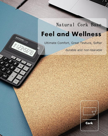 YSAGi Double-Sided Desk Pad, Leather Desk Mat, Eco Cork Desk Pad Protector, Large Mouse Pad for Desk, Waterproof Desk Blotter Pad, Desk Writing Pad for Office Work/Home(23.6"x13.7",Sea Blue+Cork)