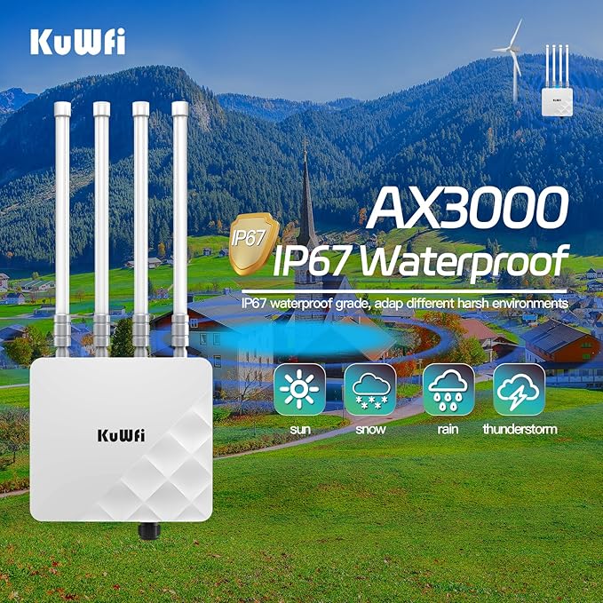 KuWFi Outdoor WiFi 6 Access Point, 3000Mbps Long Range Extender, IP67 Waterproof, PoE+ Powered, Cloud Managed, Supports 256 Users, Ideal for 300-500m Coverage, Compatible with Starlink