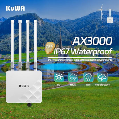 KuWFi Outdoor WiFi 6 Access Point, 3000Mbps Long Range Extender, IP67 Waterproof, PoE+ Powered, Cloud Managed, Supports 256 Users, Ideal for 300-500m Coverage, Compatible with Starlink