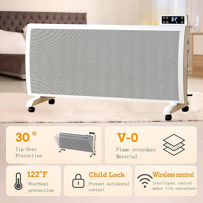 Infrared Space Heater: 1500W Portable Stand or Wall Mount Smart Electric Heater for Indoor Use Remote Control Bedroom & Office