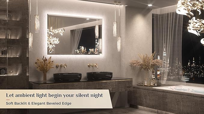 Keonjinn Backlit Mirror Bathroom 48 x 30 Inch, LED Vanity Mirror with Beveled Edge, Tempered Glass, UL-Listed Power Driver, 3 Color Lights, Safe Anti-Fog, Dimmable, Smart Bathroom Mirror with Lights
