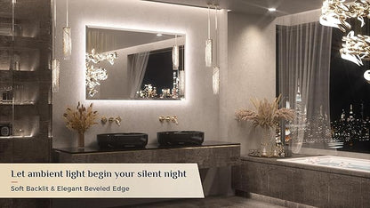 Keonjinn Backlit Mirror Bathroom 48 x 30 Inch, LED Vanity Mirror with Beveled Edge, Tempered Glass, UL-Listed Power Driver, 3 Color Lights, Safe Anti-Fog, Dimmable, Smart Bathroom Mirror with Lights
