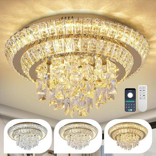 18 inch Flush Mount Crystal Chandeliers with Remote and App Gold, Modern Elegant LED Crystal Raindrop Ceiling Light Fixture, 3CCT Dimmable, for Living Room Kitchen Island Bedroom Entryway Foyer