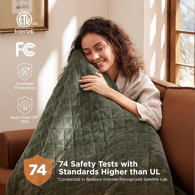 Bedsure Heated Blanket Throw Blanket - Quilted Electric Blanket, Soft Flannel Thick Heating Blanket with 4 Time Settings & 6 Heating Settings, Warm Gifts for Women Men (50x60 inches, Olive Green)