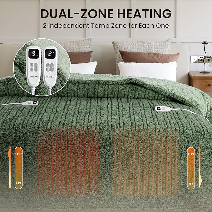 Heated Blanket Electric Blanket Queen - Fast Heating Blanket Throw Dual Control Double Sided Sherpa with 10 Heating Levels & 2-10 Hours Auto Off, Mashine Washable, 84 x 90 Inches, Sage&Green